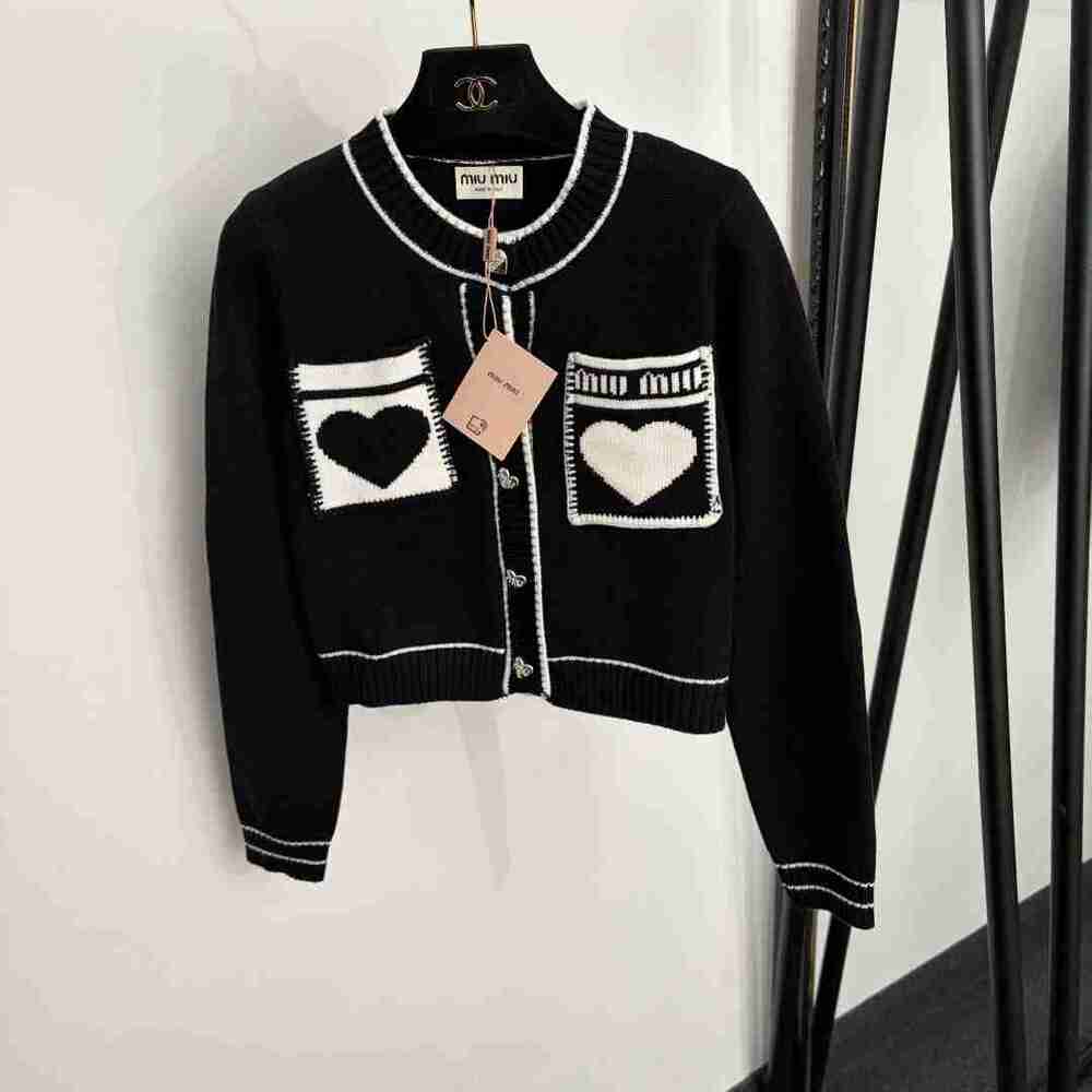 Miu Miu Black White Heart Pocket Cropped Knit Cardigan